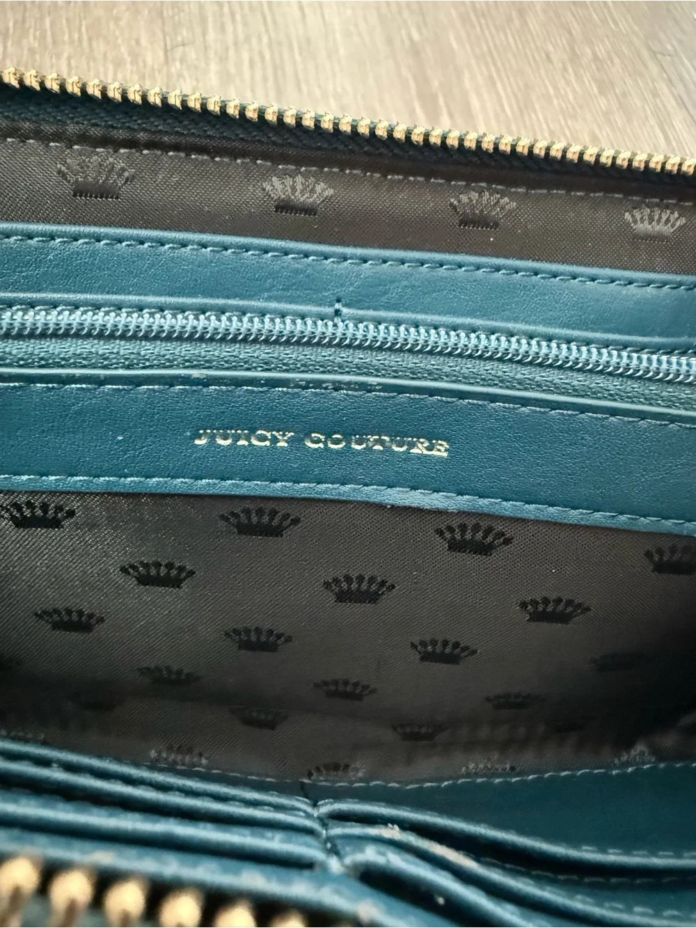 Juicy Couture Teal Suede Crystal Logo Zip Wallet